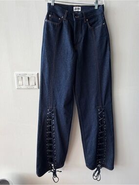 Jean Paul Gaultier Dark Blue Wide-Leg Jeans with Lace-Up Hem